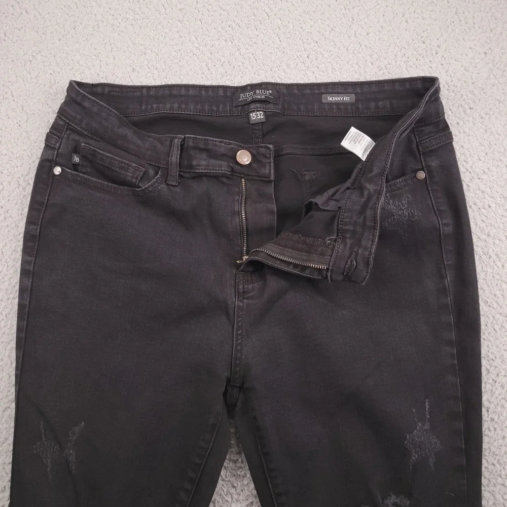JUDY BLUE Jeans Size 15/32 Skinny Leopard Patch Distressed Black Denim